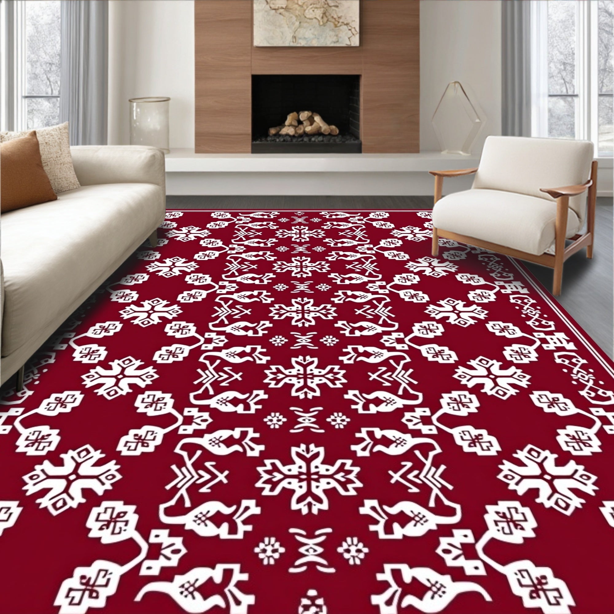 Deep Red White Folkloric Blossom Rug