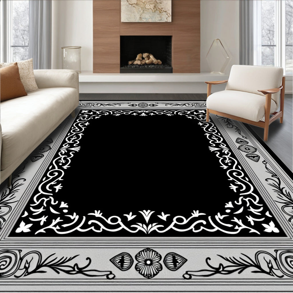 Elegant Black Gray Floral Scroll Rug