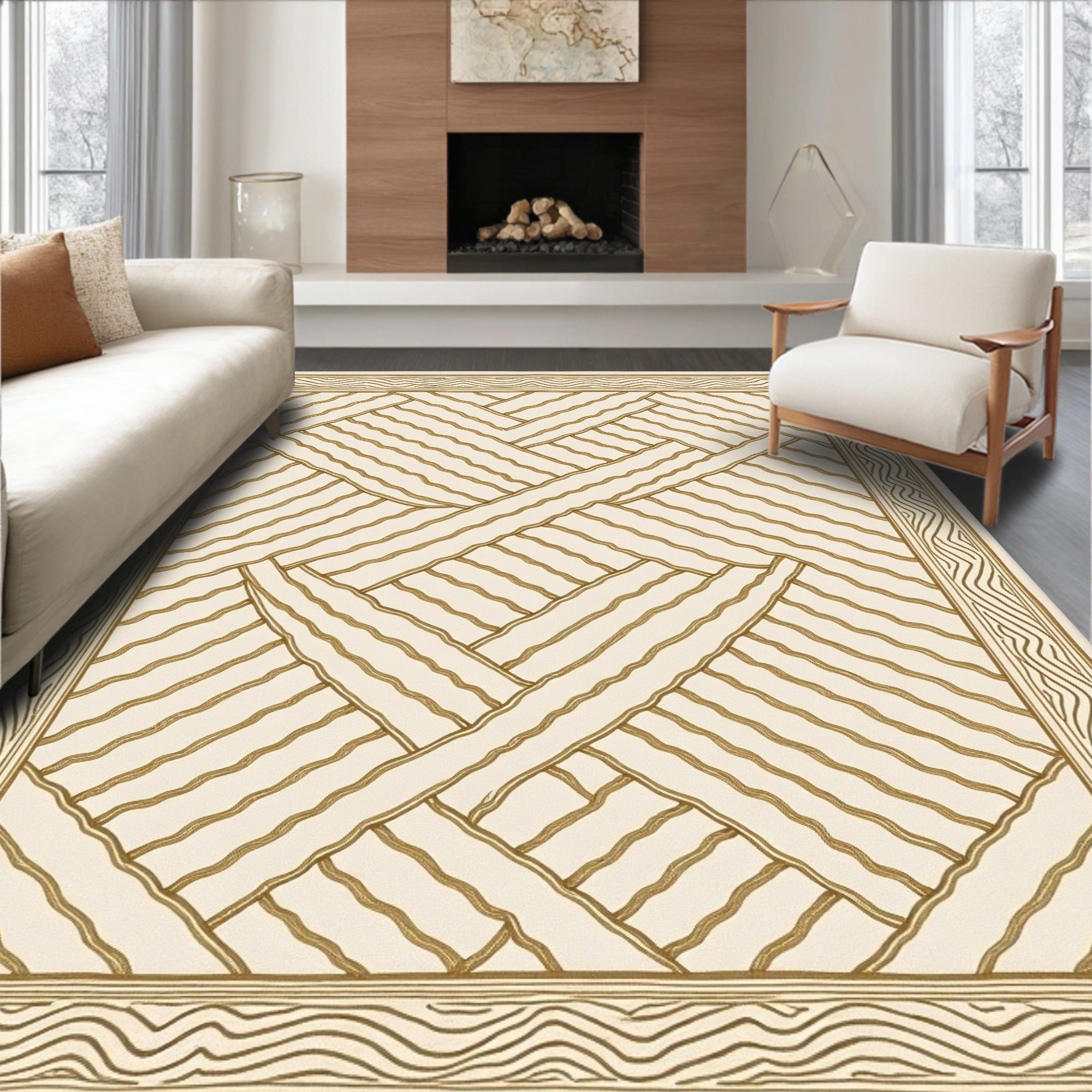 Subtle Gold Woven Abstract Border Rug