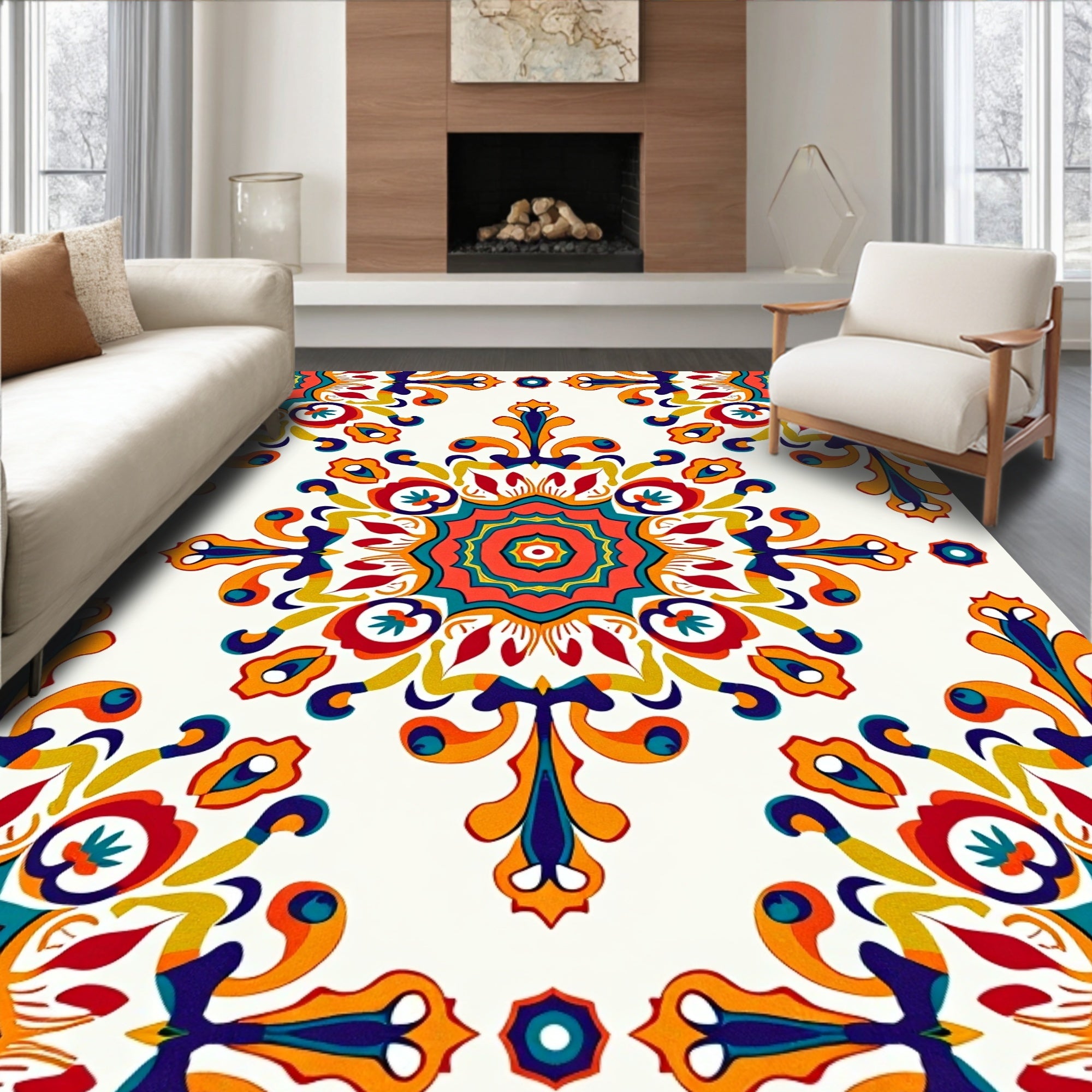 Vibrant Teal Orange Mandala Floral Rug