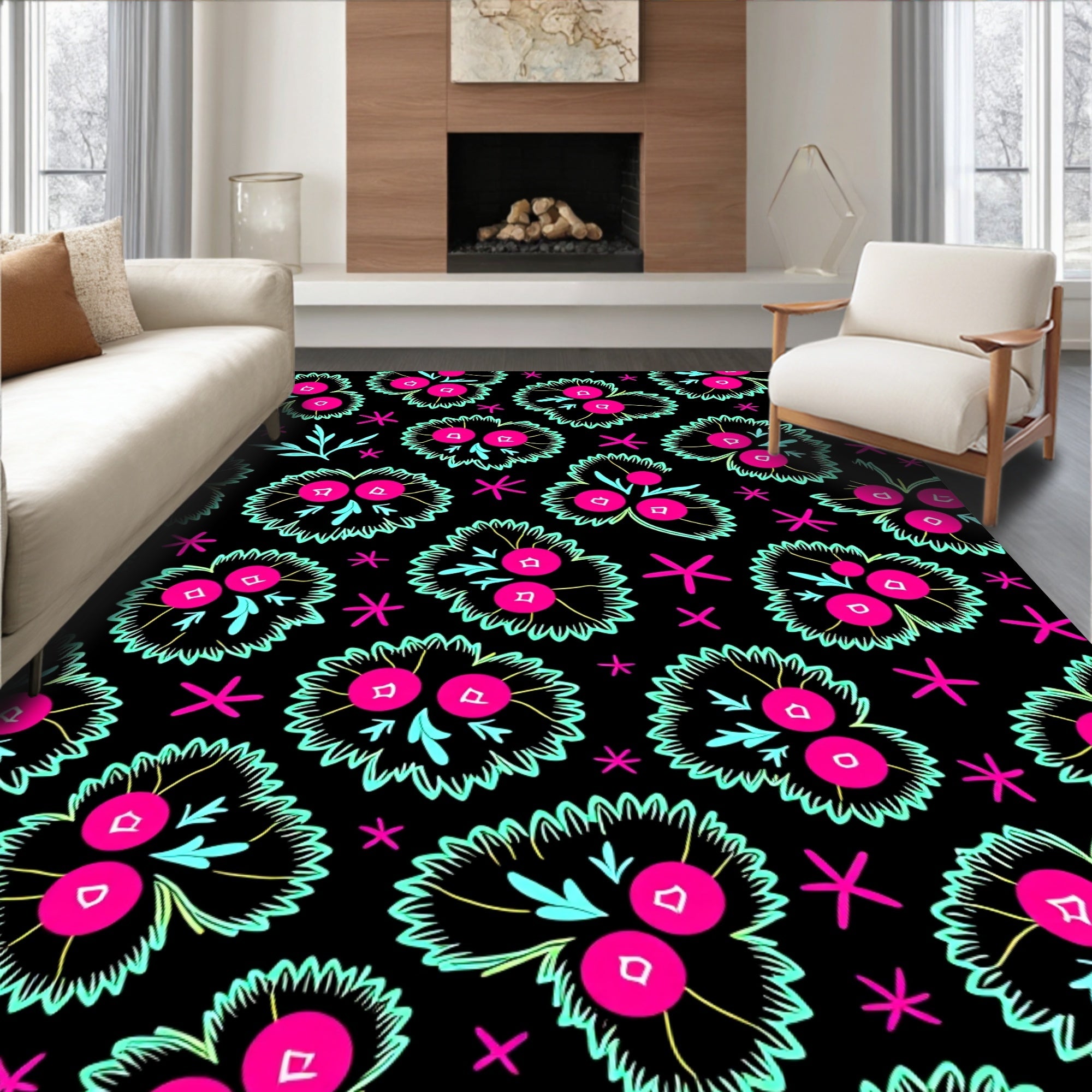 Black Floral Berry Cluster Rug