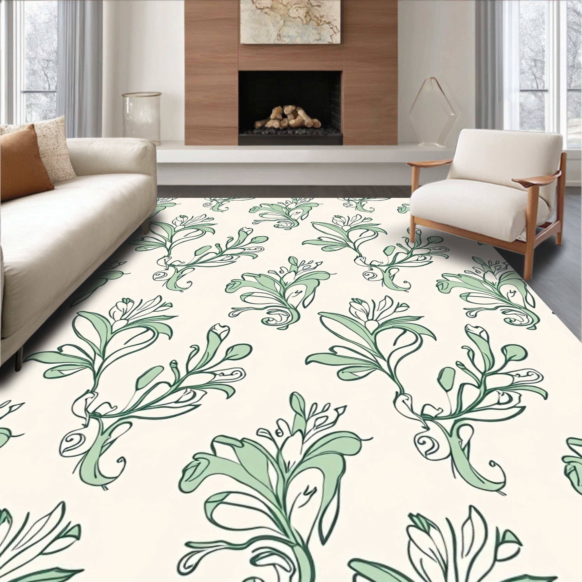 Green Floral Vine Swirl Rug