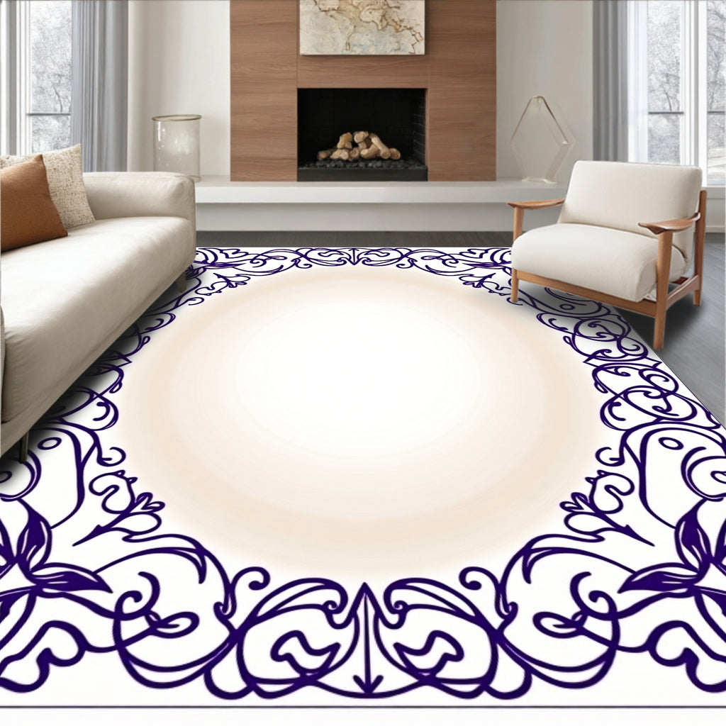 Deep Indigo Art Nouveau Floral Border Rug