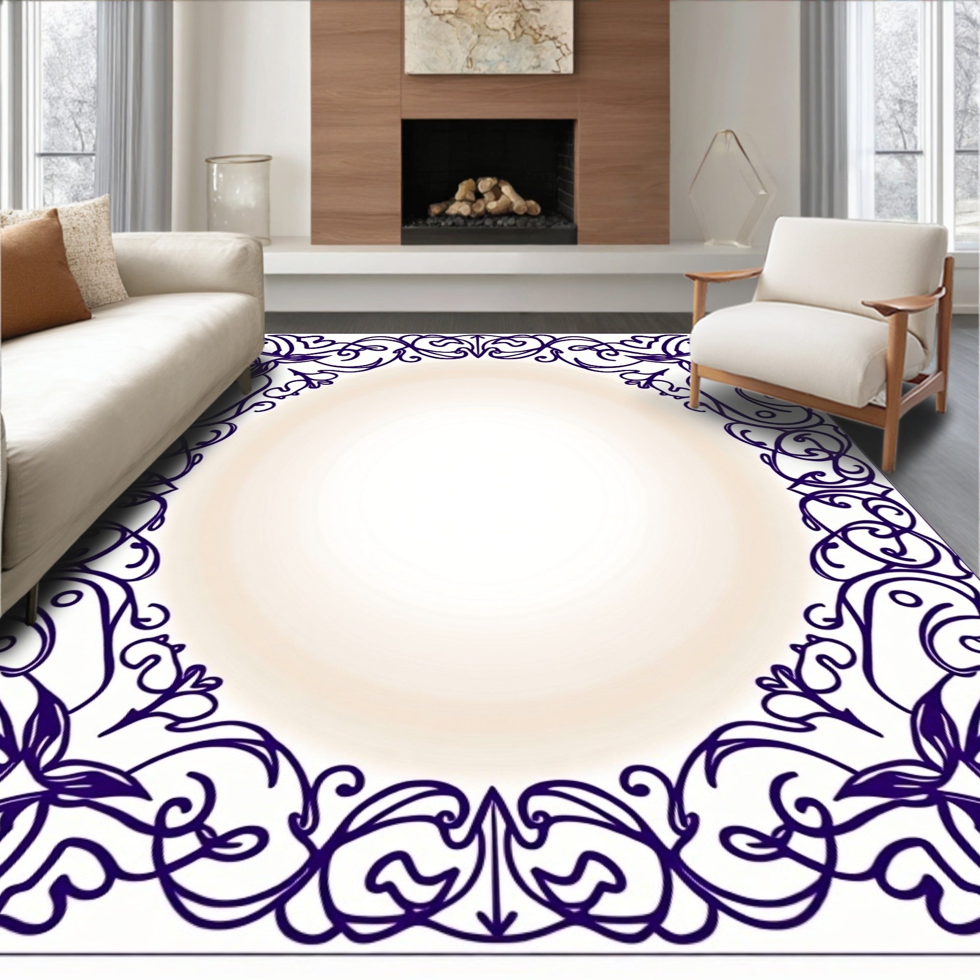 Deep Indigo Art Nouveau Floral Border Rug