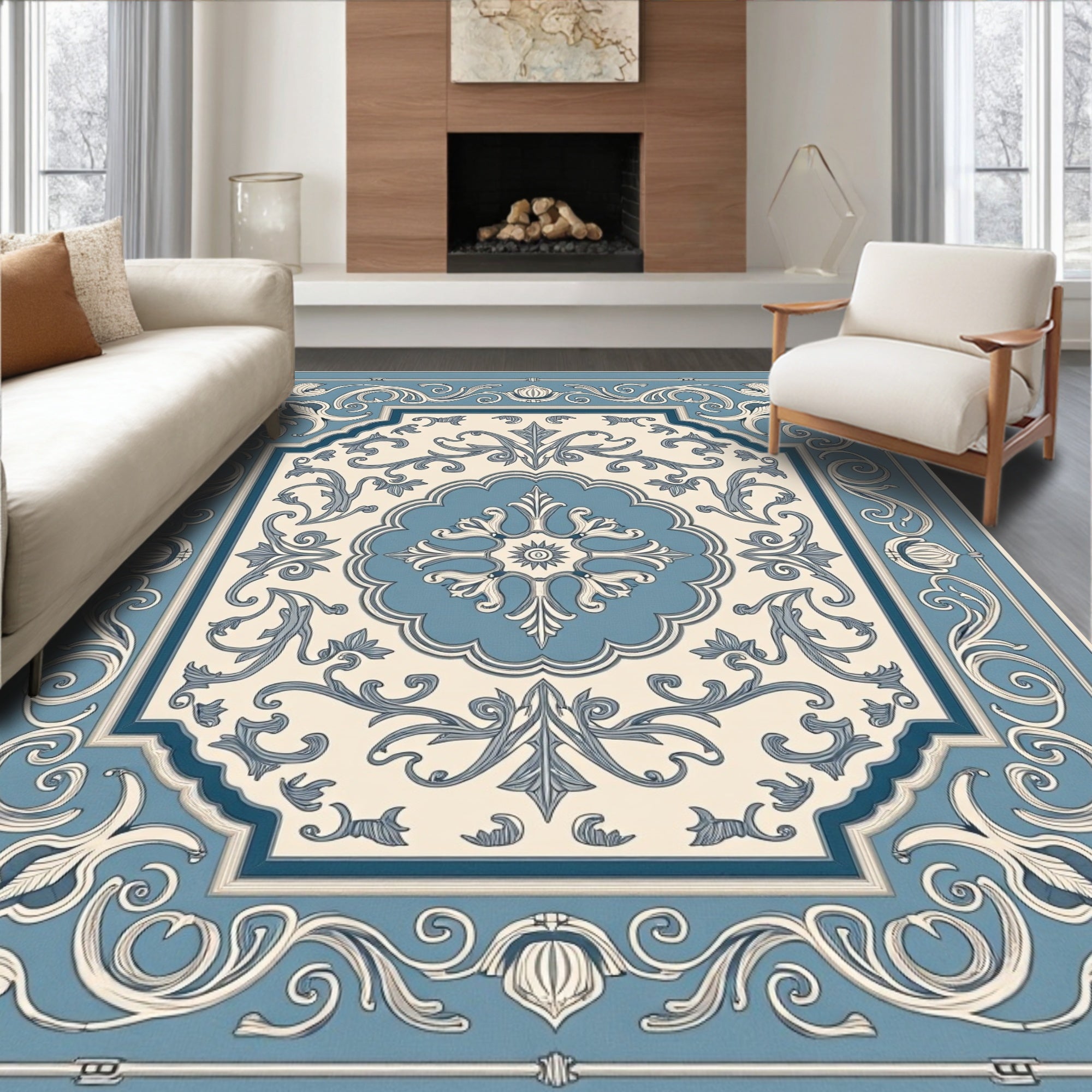 Blue Cream Renaissance Floral Medallion Rug