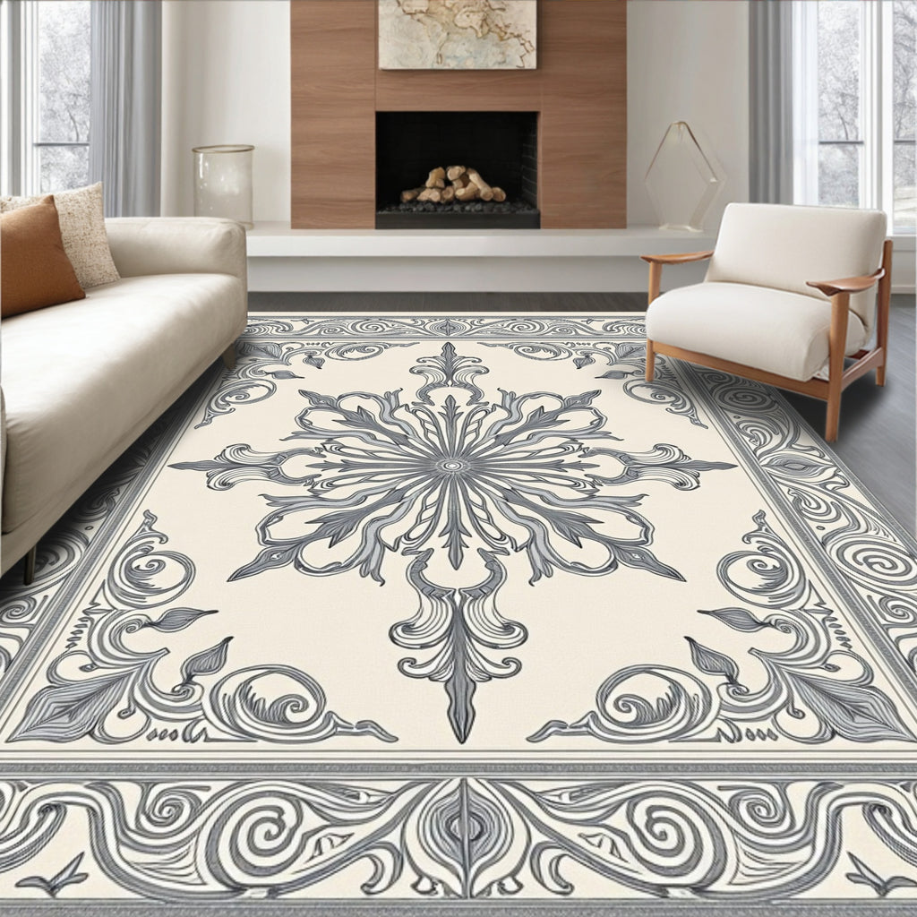 Cream Gray Ornate Floral Fan Rug