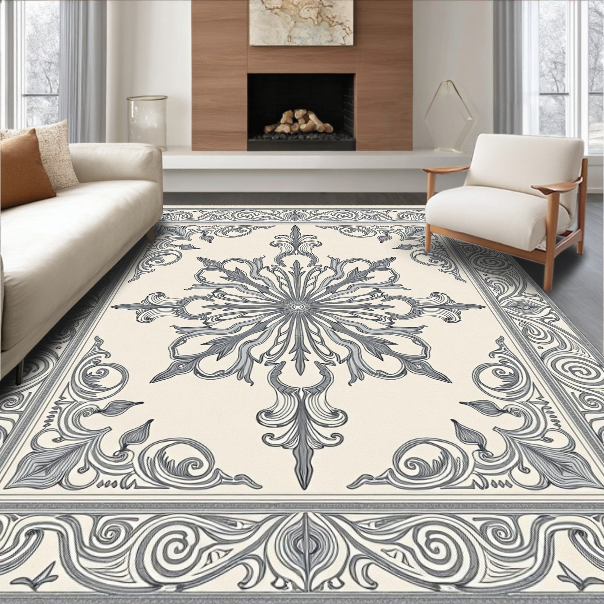Cream Gray Ornate Floral Fan Rug