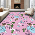 Pink Cartoon Fox Floral Whimsical Scene Rug