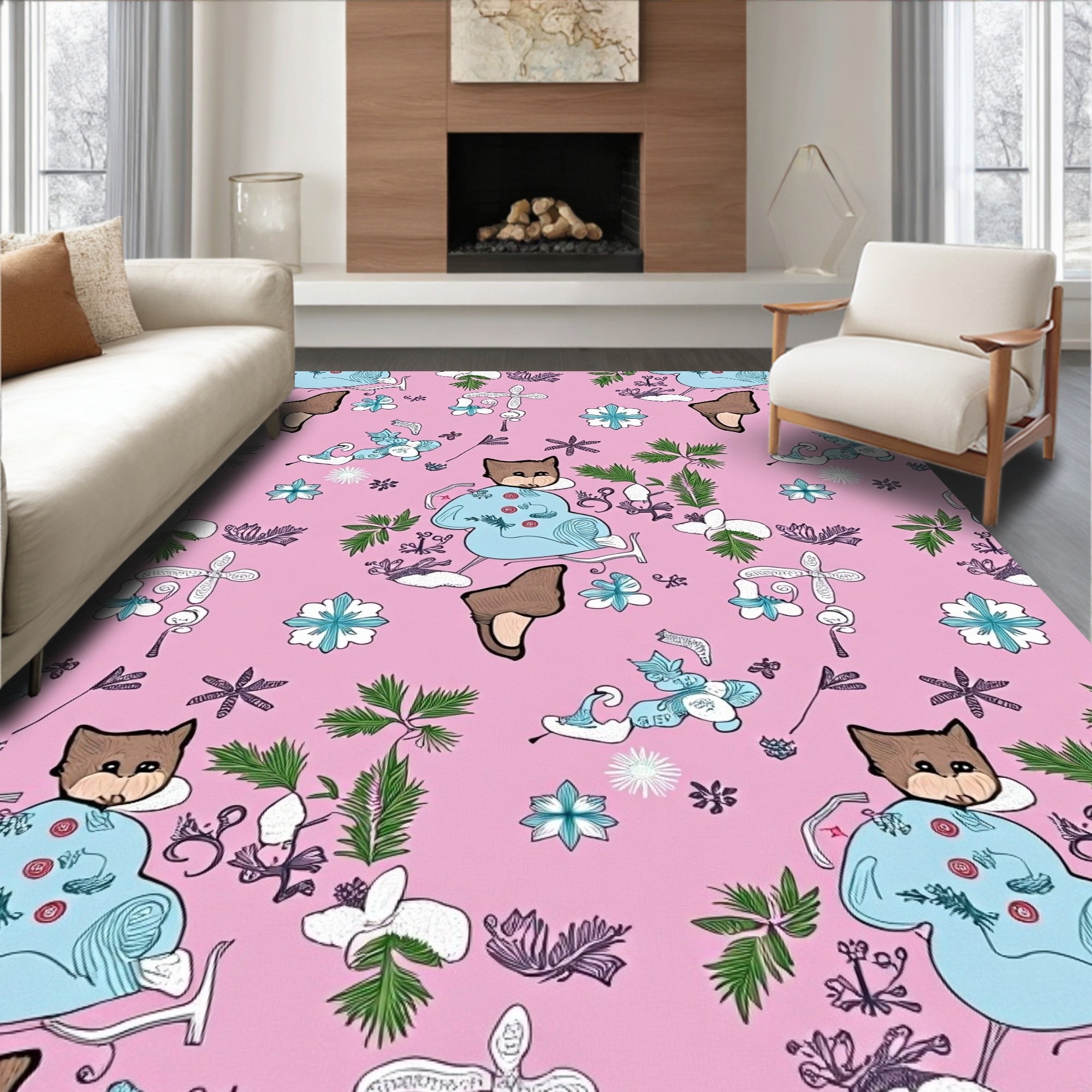 Pink Cartoon Fox Floral Whimsical Scene Rug