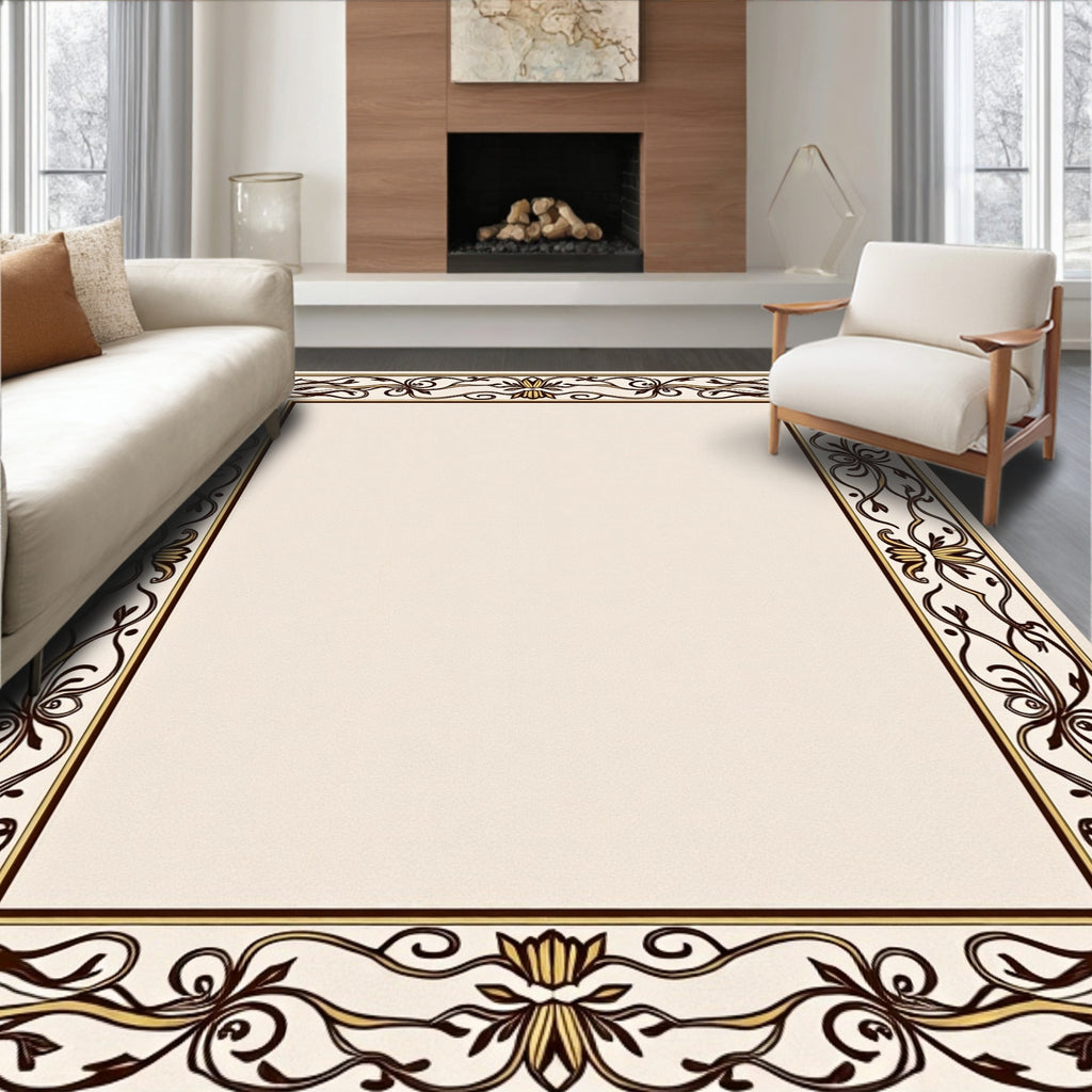 Ornate Brown and Gold Floral Border Rug
