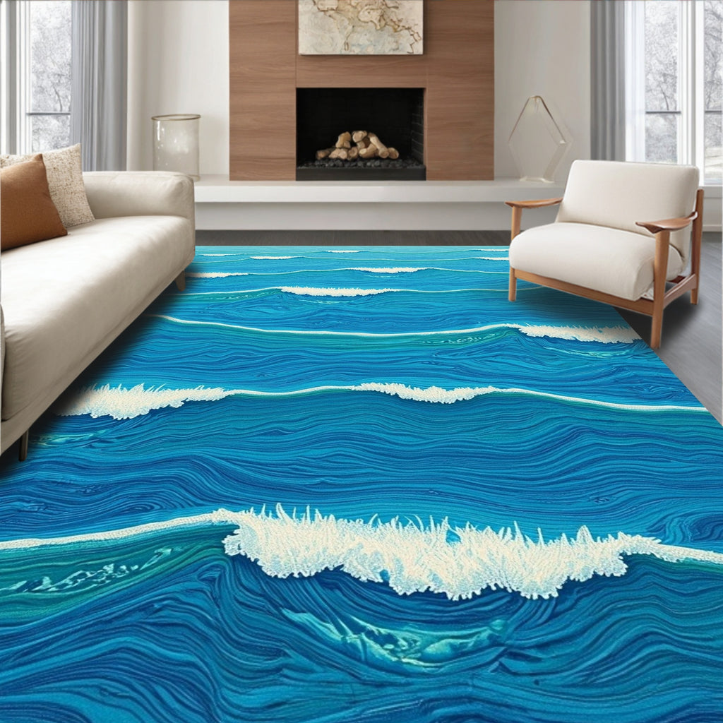 Oceanic Blue Waves Ripples Rug