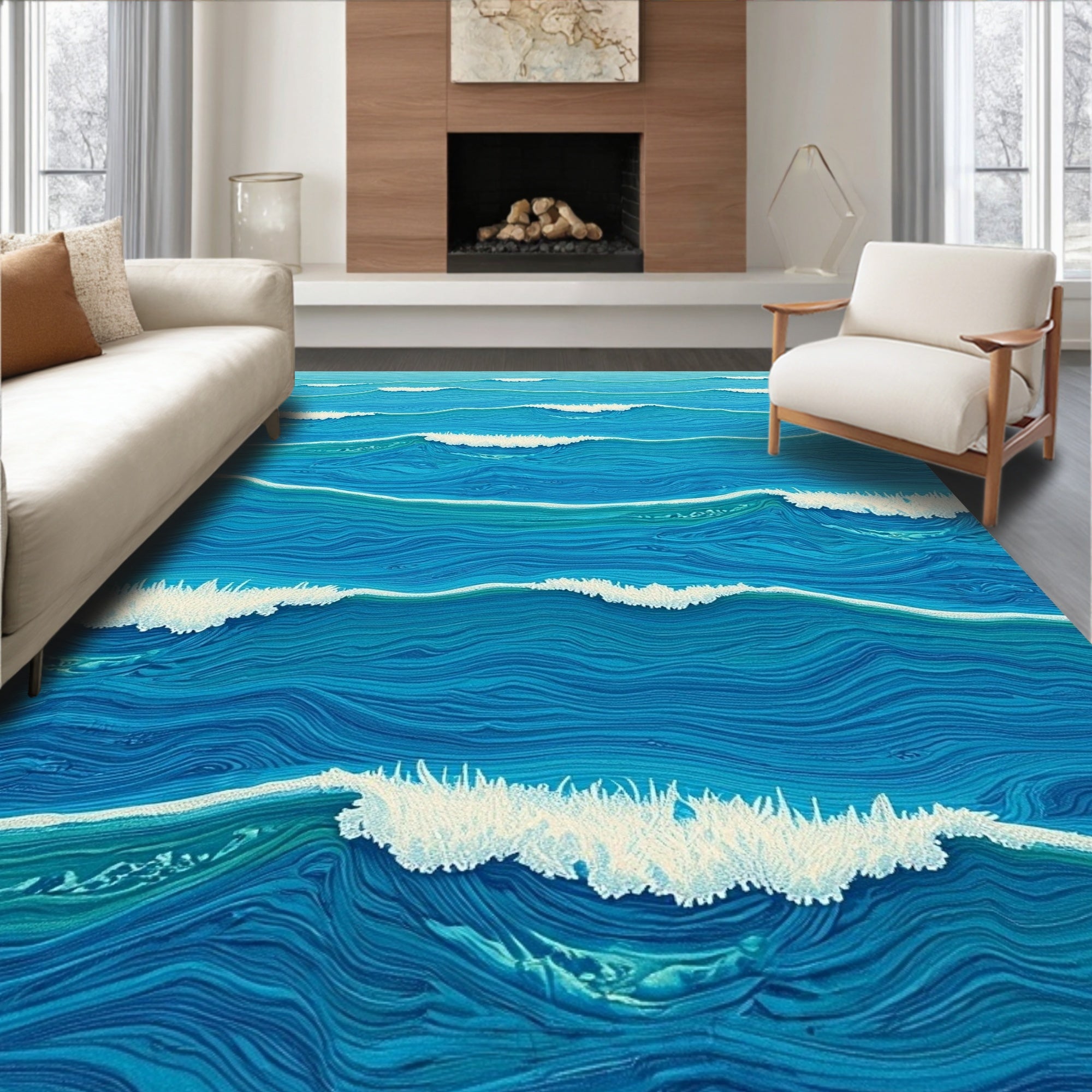 Oceanic Blue Waves Ripples Rug