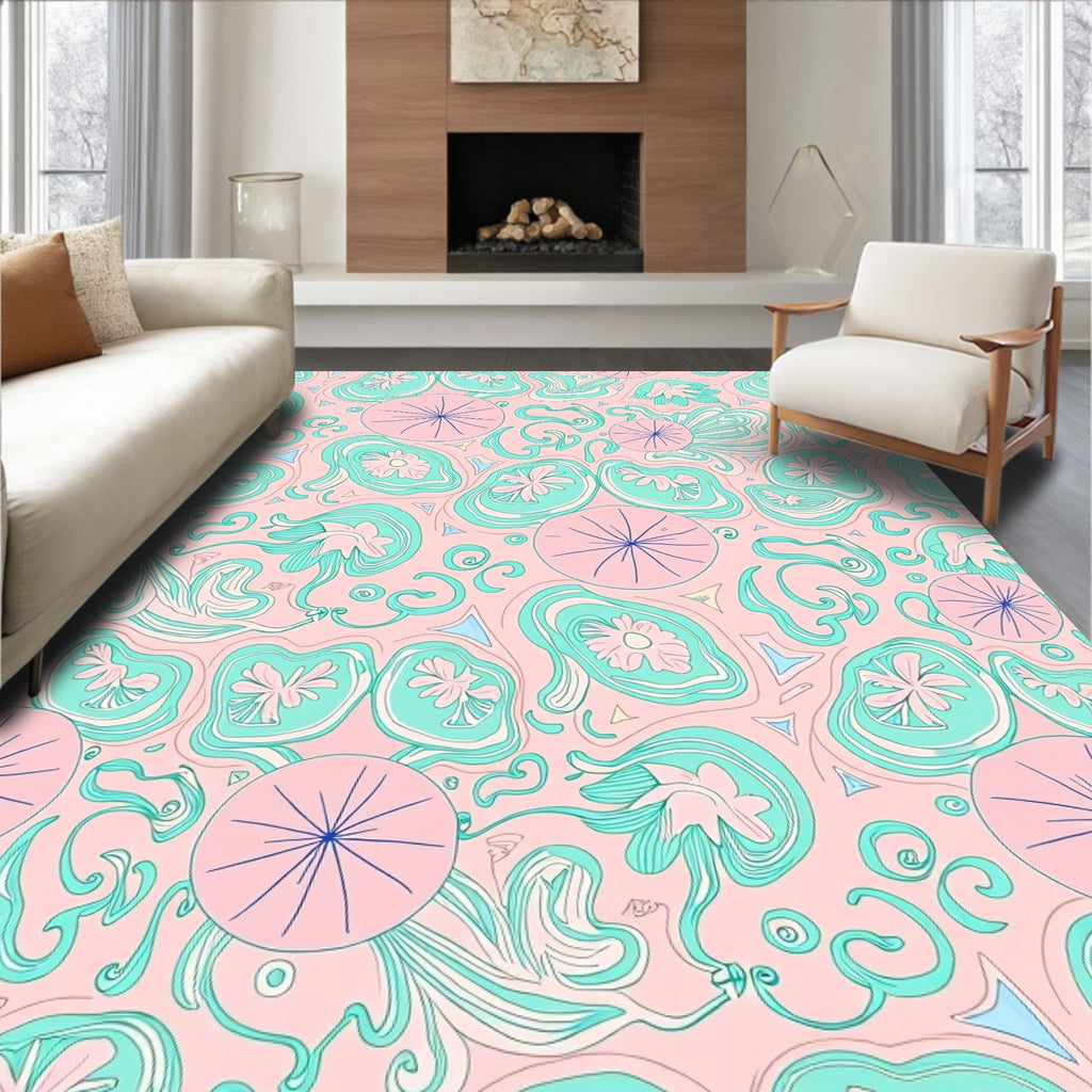 Whimsical Pink Mint Swirl Floral Rug