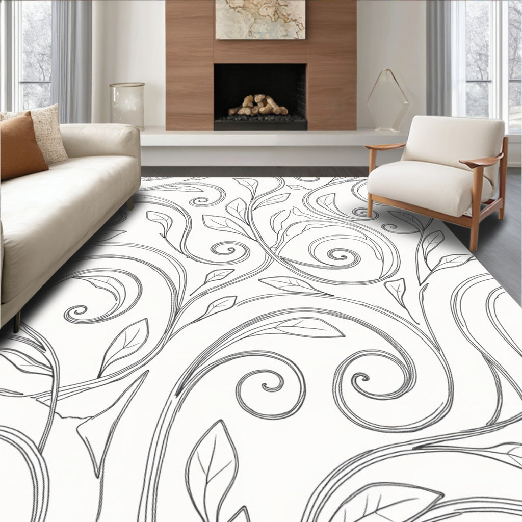Ornate Black Scroll Leaf Vine Rug