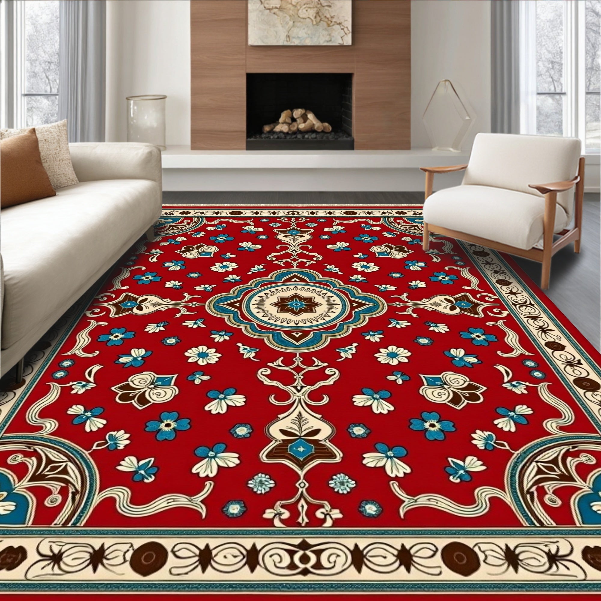 Ornate Red Floral Medallion Border Rug