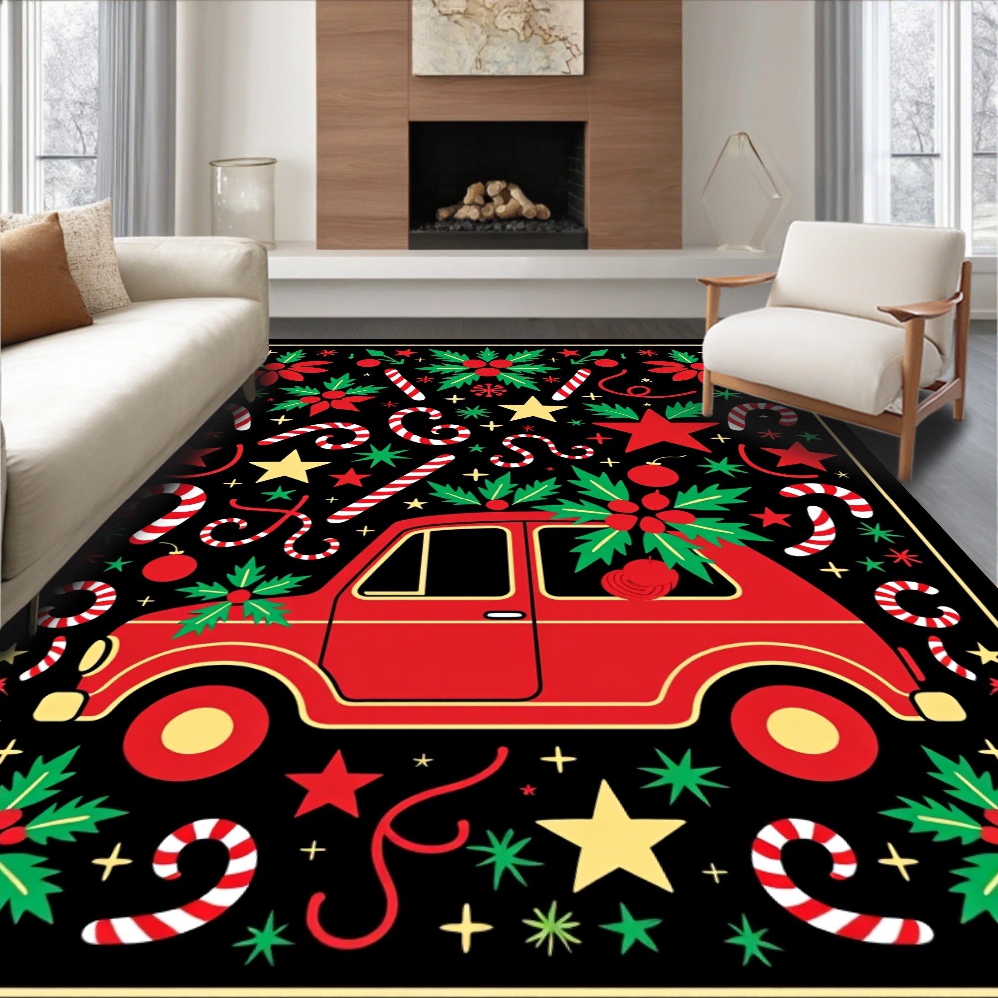 Retro Red Car Candy Cane Christmas Rug