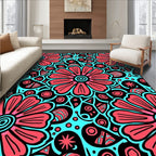 Coral Crimson Aqua Floral Burst Rug