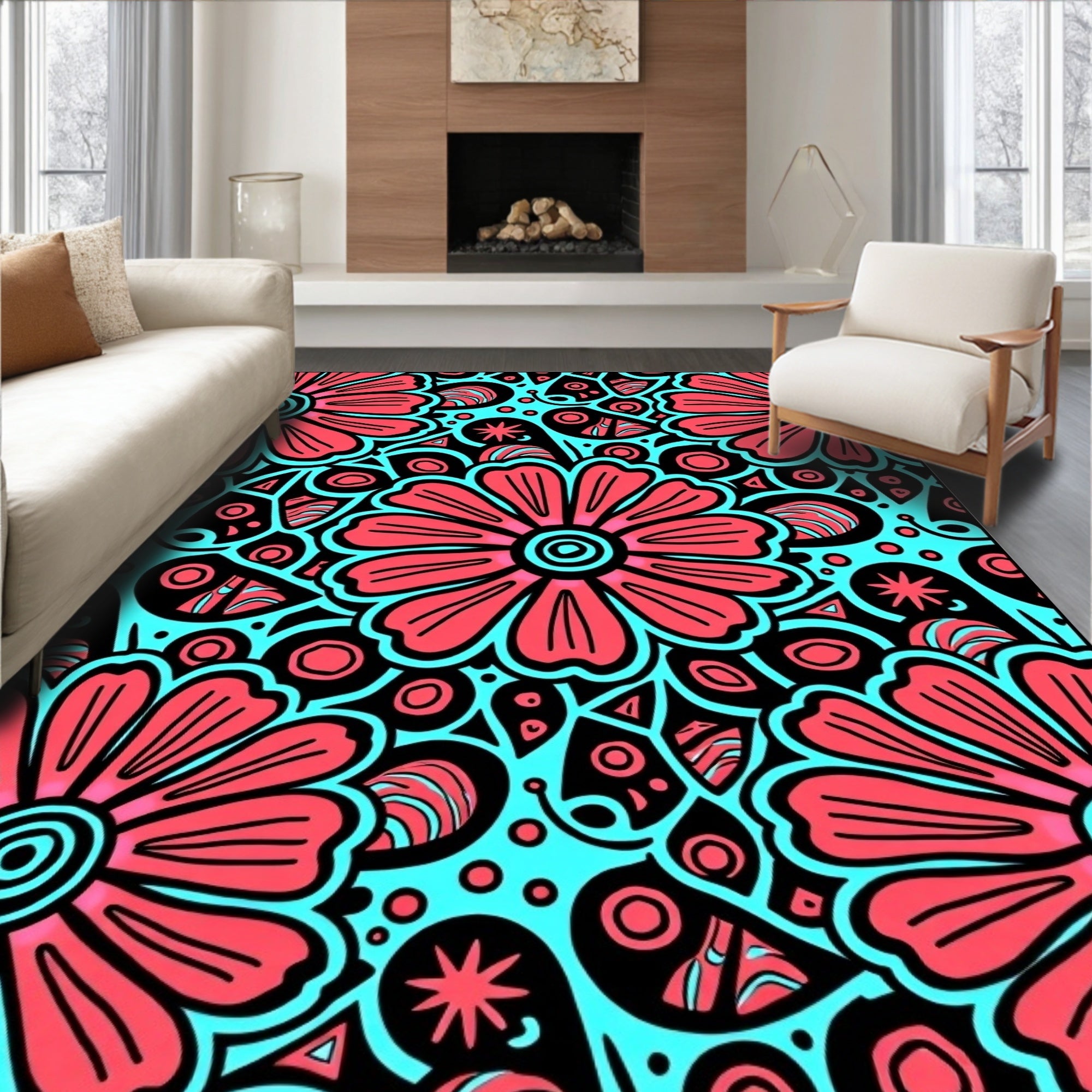 Coral Crimson Aqua Floral Burst Rug