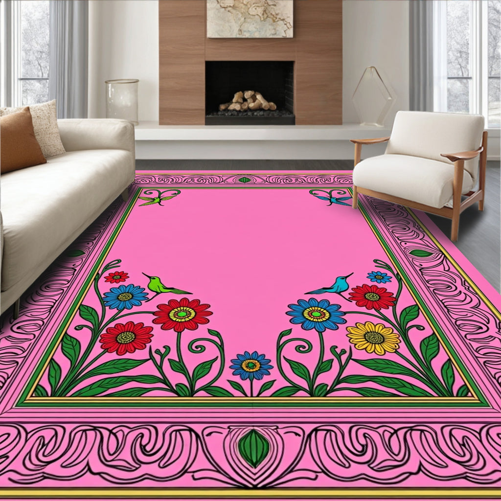 Pink Floral Hummingbird Garden Frame Rug