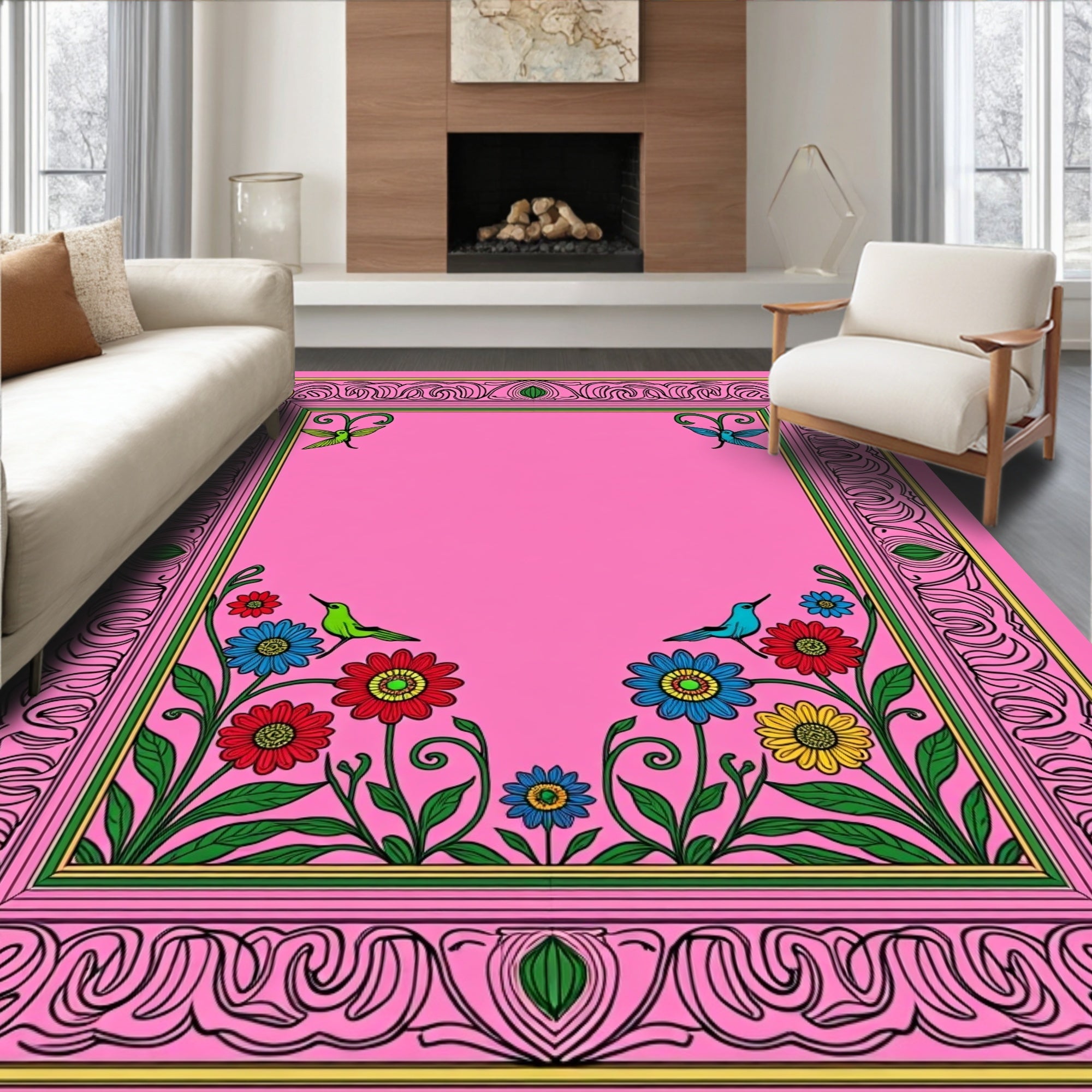 Pink Floral Hummingbird Garden Frame Rug