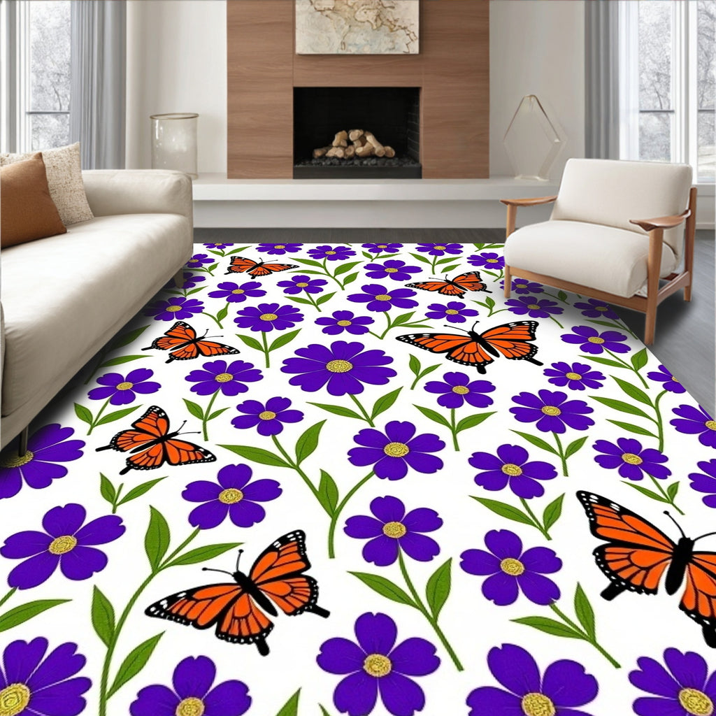 Vibrant Purple Floral Butterfly Garden Rug