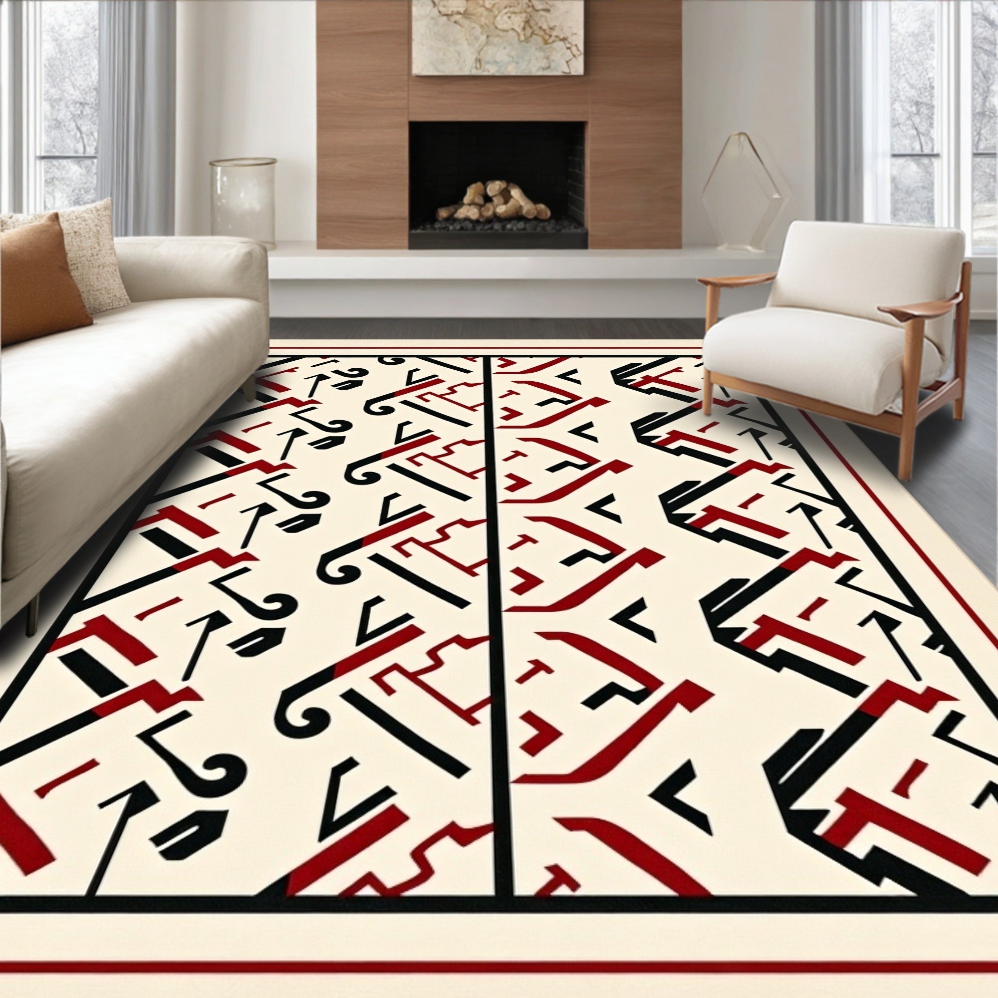 Art Deco Cream Black Red Geometric Rug