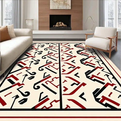 Art Deco Cream Black Red Geometric Rug