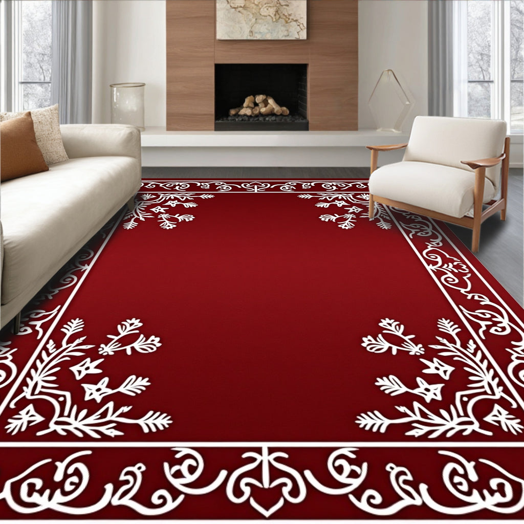 Crimson White Floral Border Accent Rug