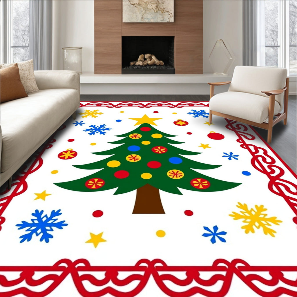 Festive Christmas Tree Snowflakes Border Rug