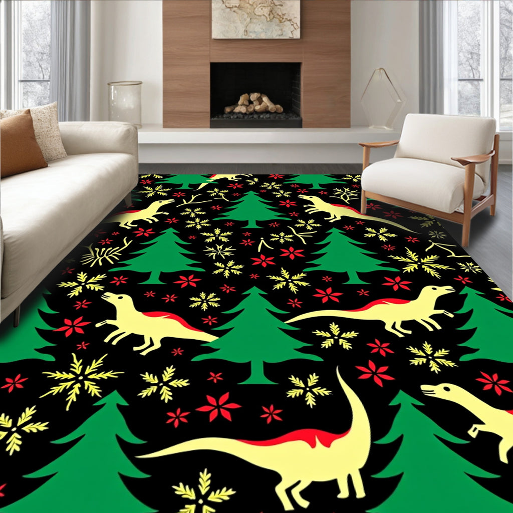 Festive Dinosaur Christmas Tree Snowflakes Rug