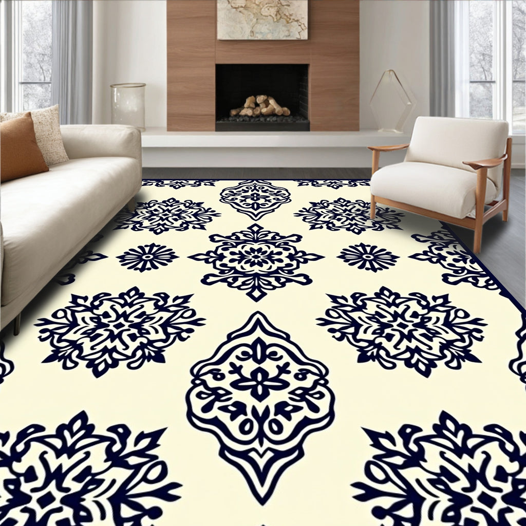Cream Navy Blue Damask Medallion Rug