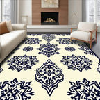 Cream Navy Blue Damask Medallion Rug