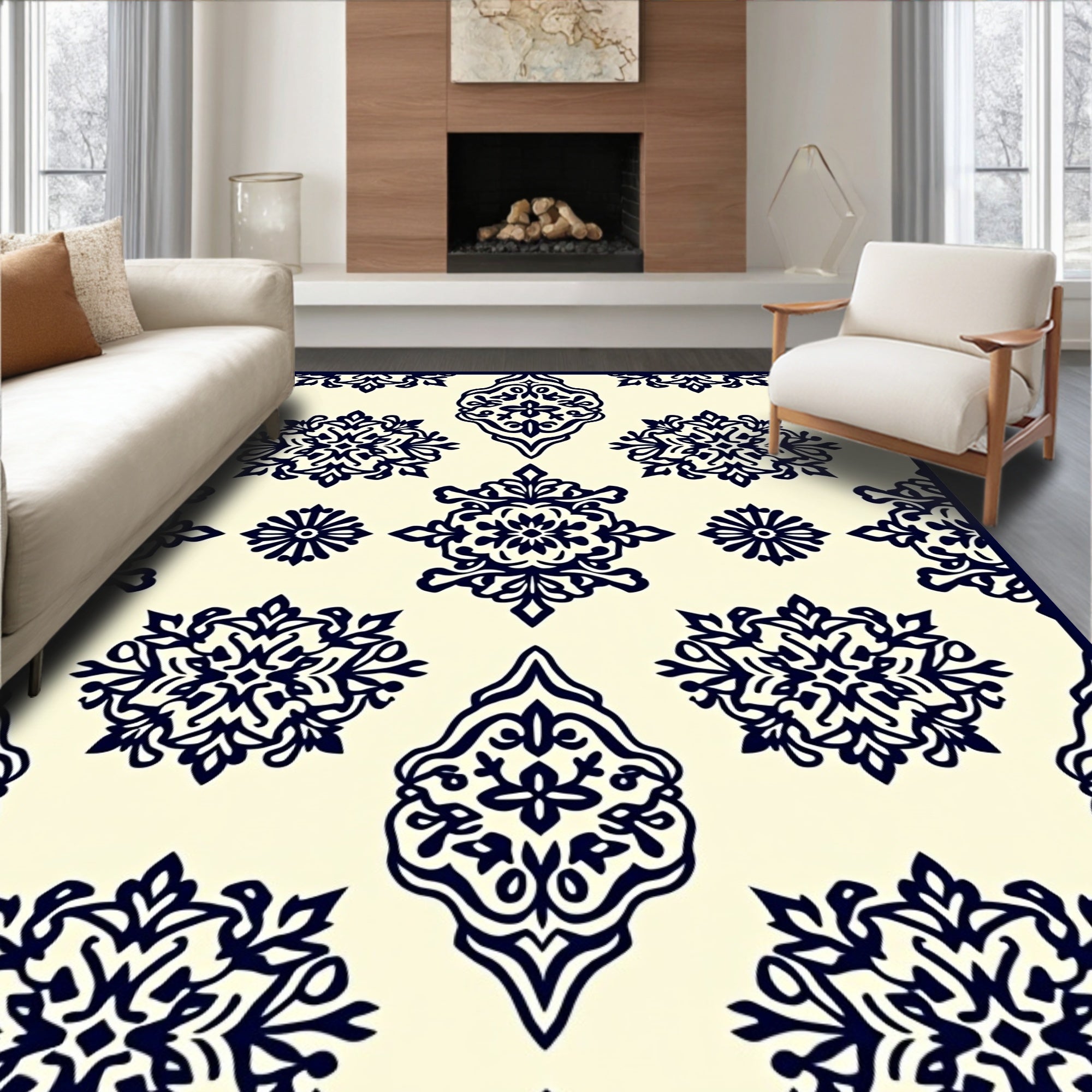 Cream Navy Blue Damask Medallion Rug