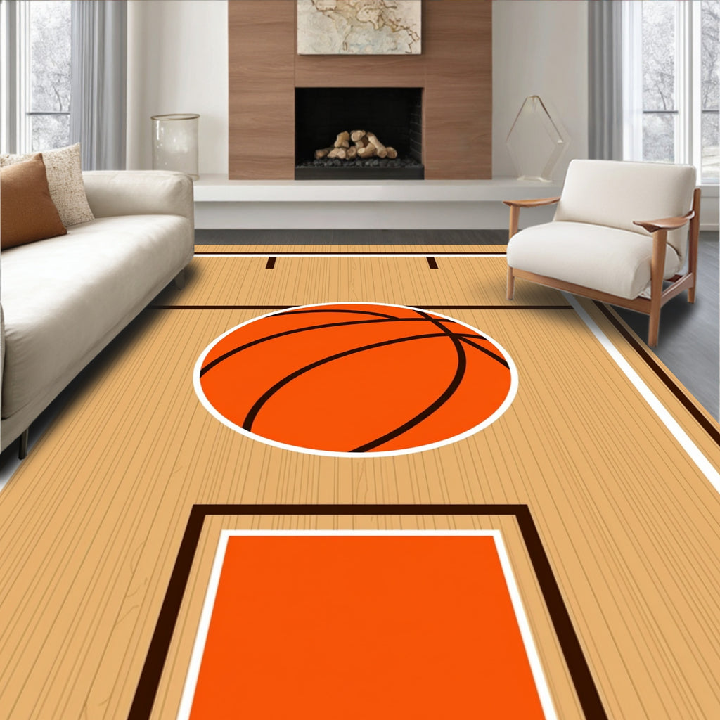 Orange Basketball Court Lines Rug