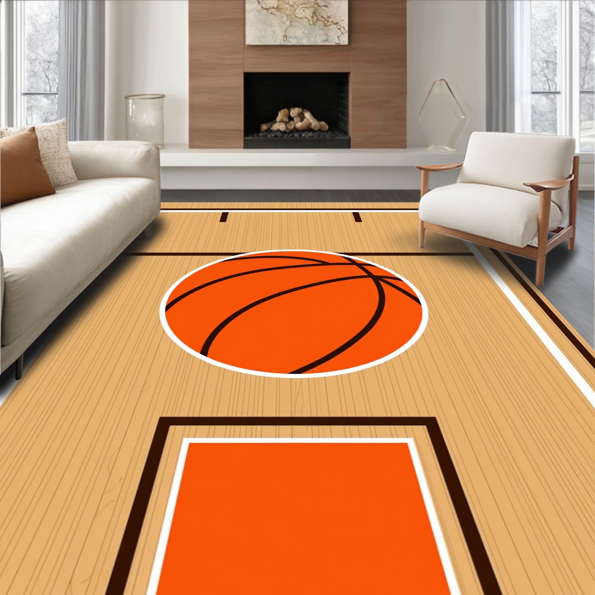 Orange Basketball Court Lines Rug