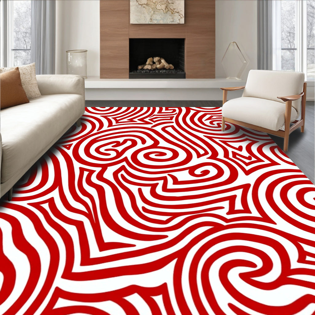 Crimson Swirl Allover Line Art Rug
