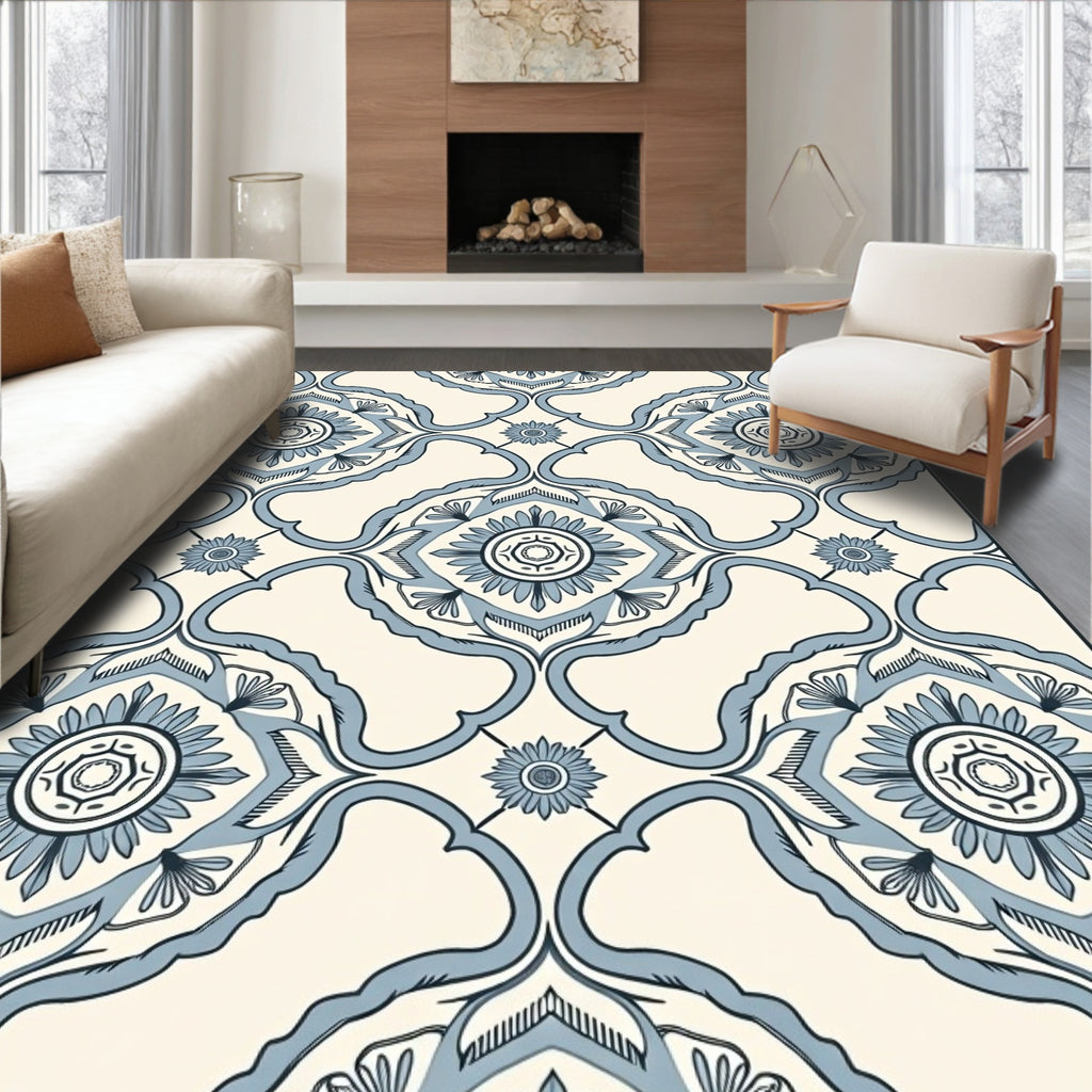 Pale Blue Floral Medallion Rococo Rug
