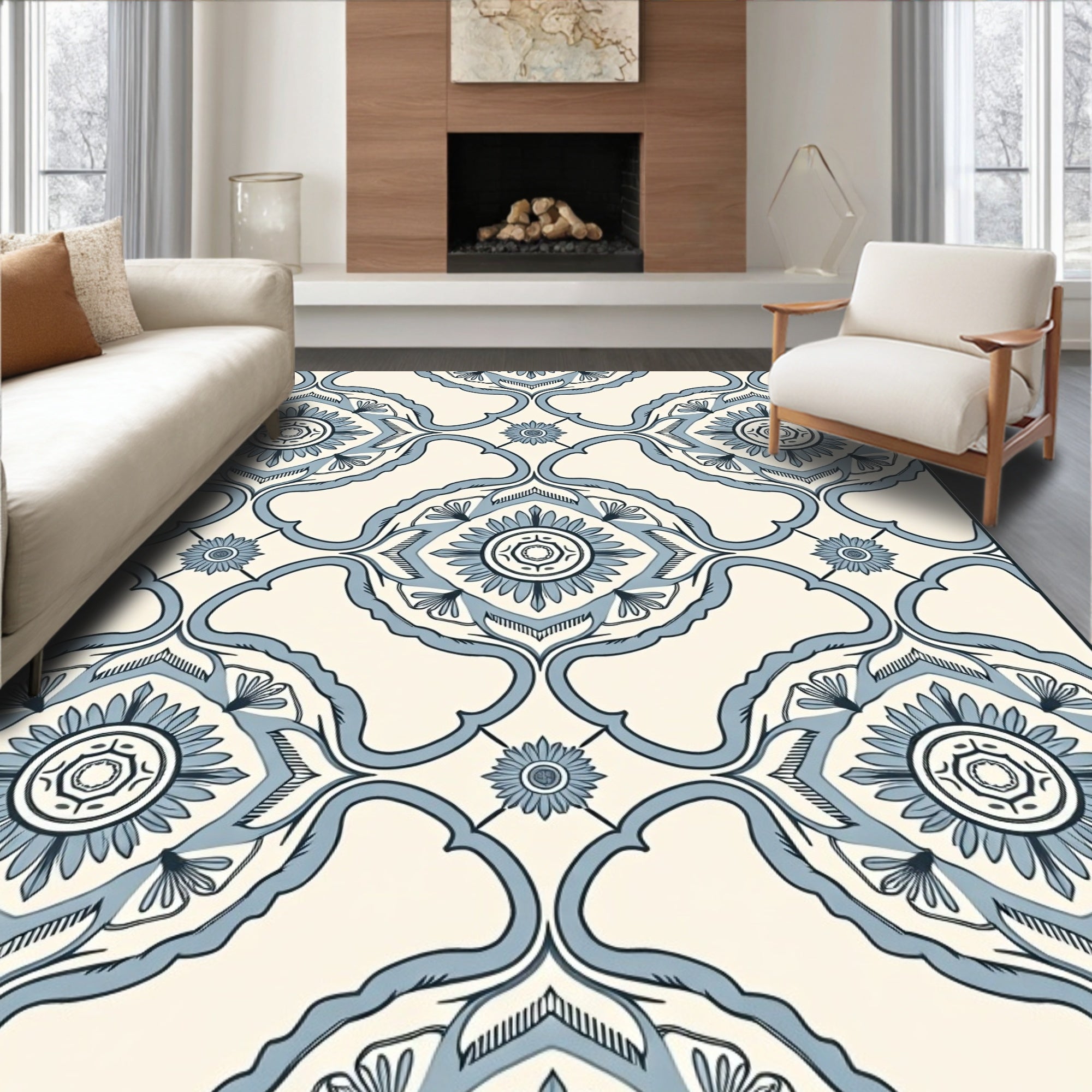 Pale Blue Floral Medallion Rococo Rug