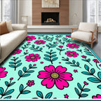 Retro Pink Floral Teal Botanical Garden Rug