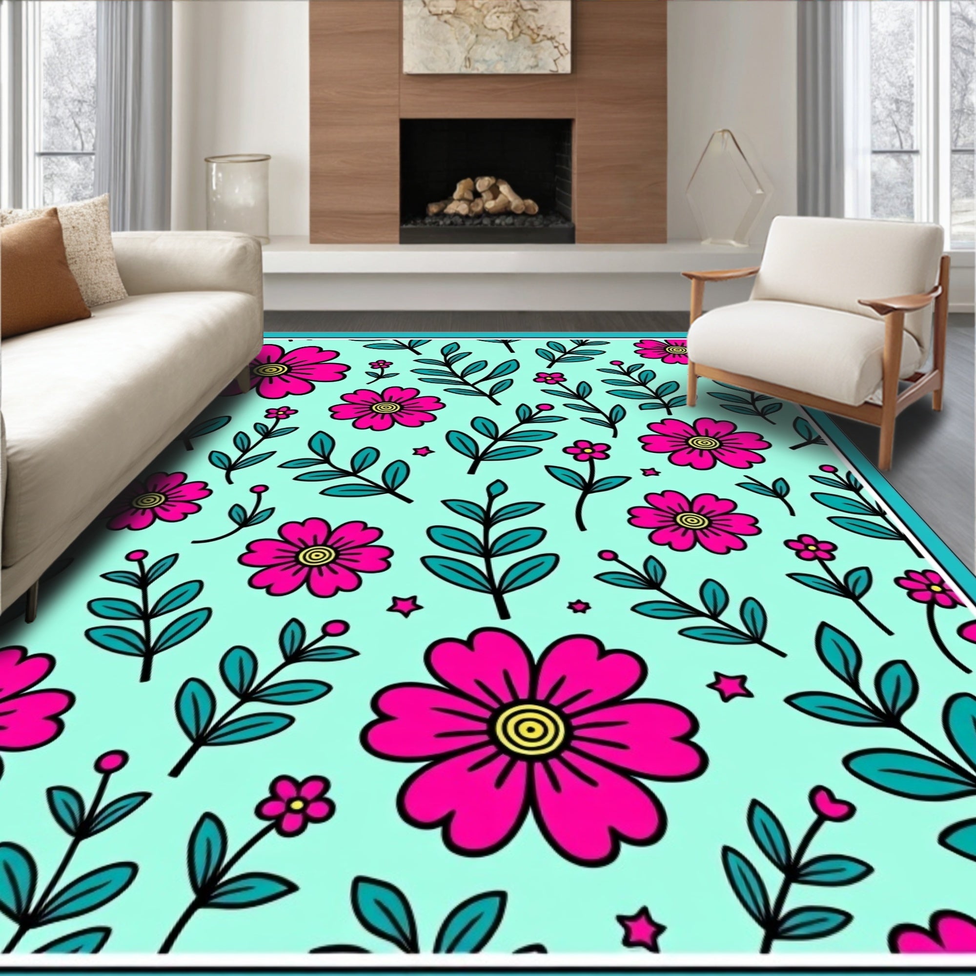 Retro Pink Floral Teal Botanical Garden Rug