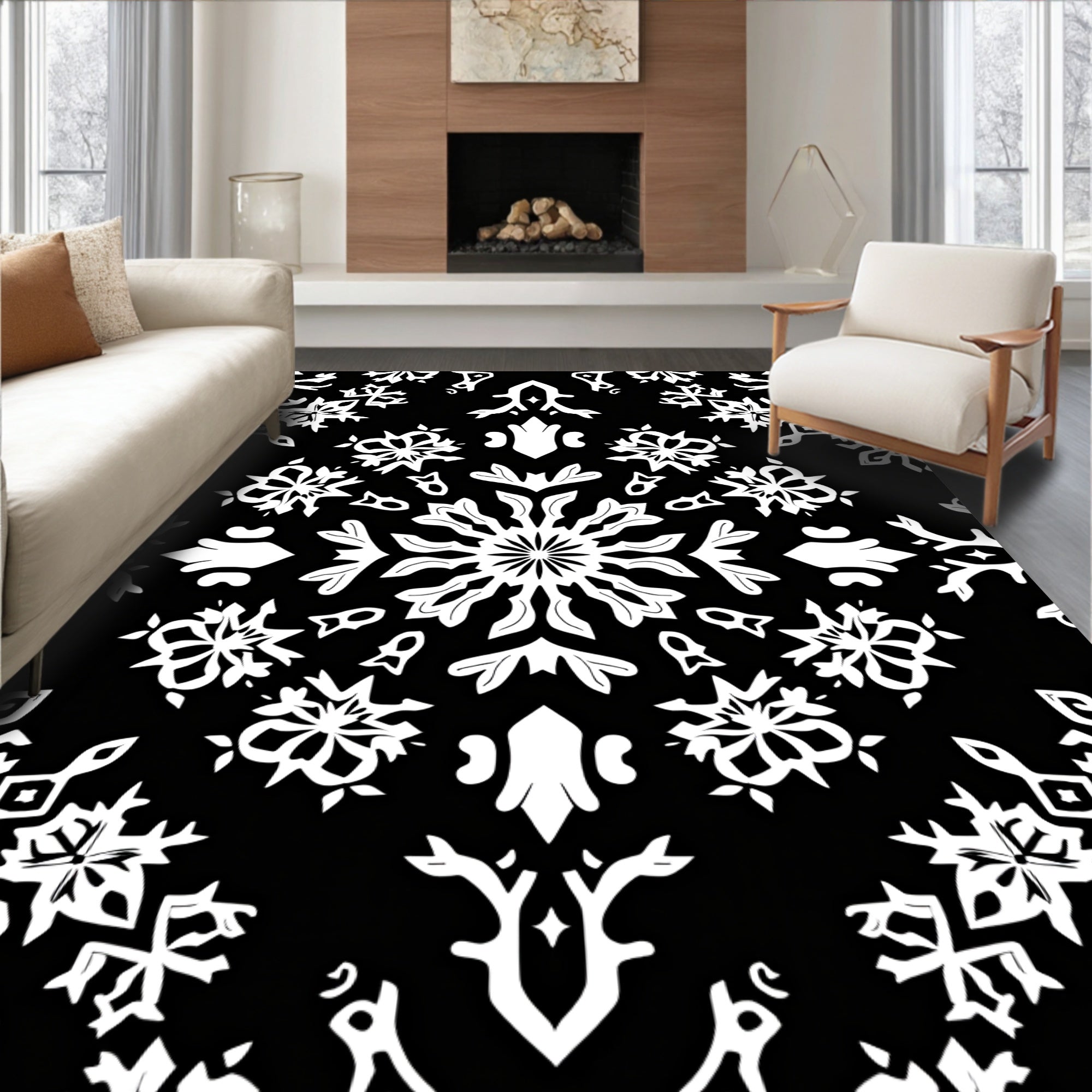 Monochromatic White Snowflake Abstraction Rug