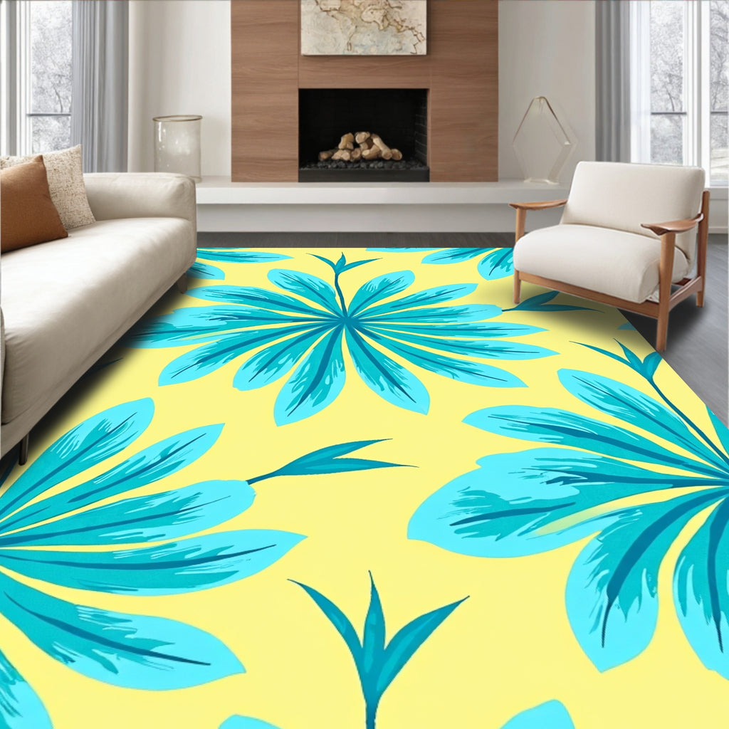 Tropical Turquoise Flower Bright Yellow Rug