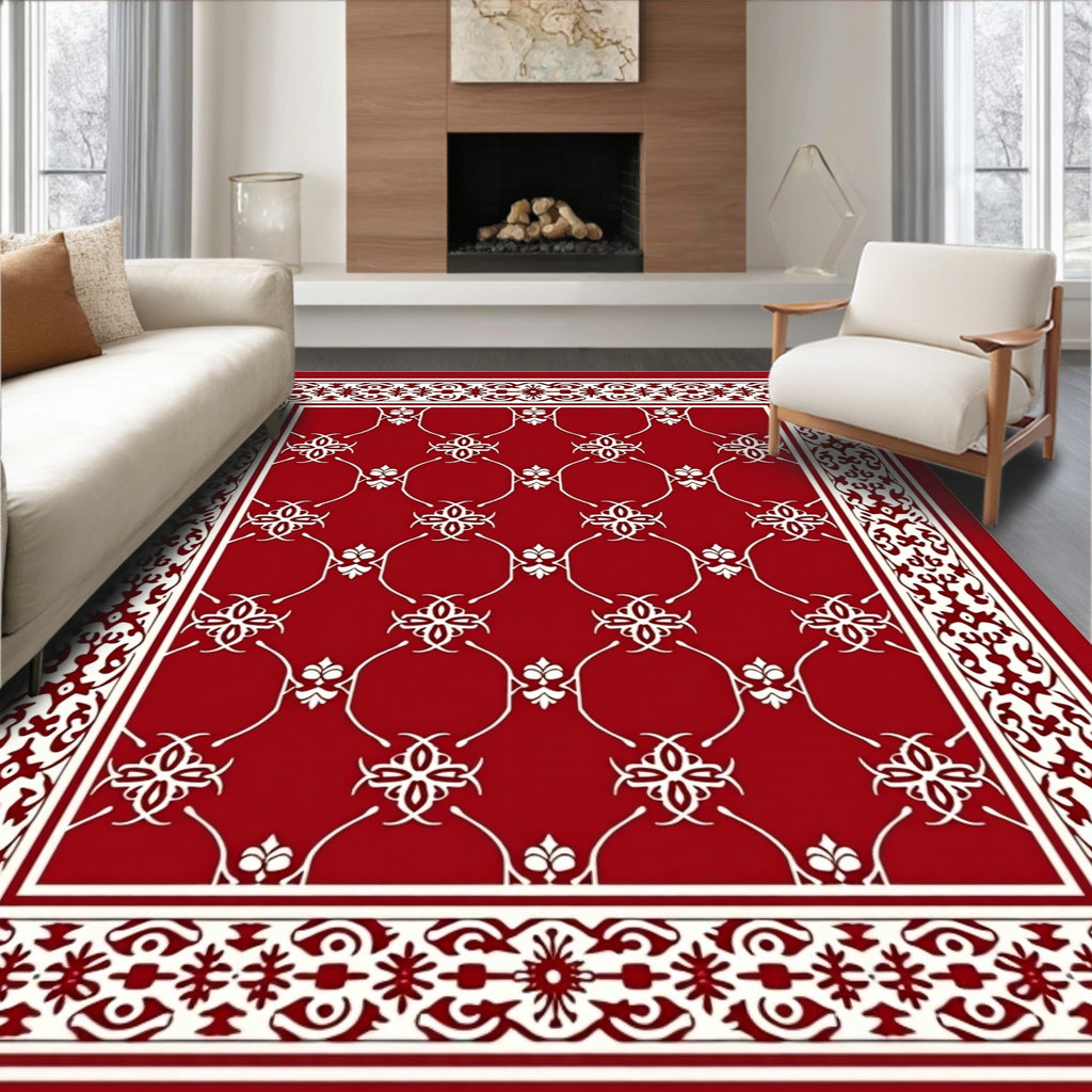 Rich Crimson White Floral Lattice Rug