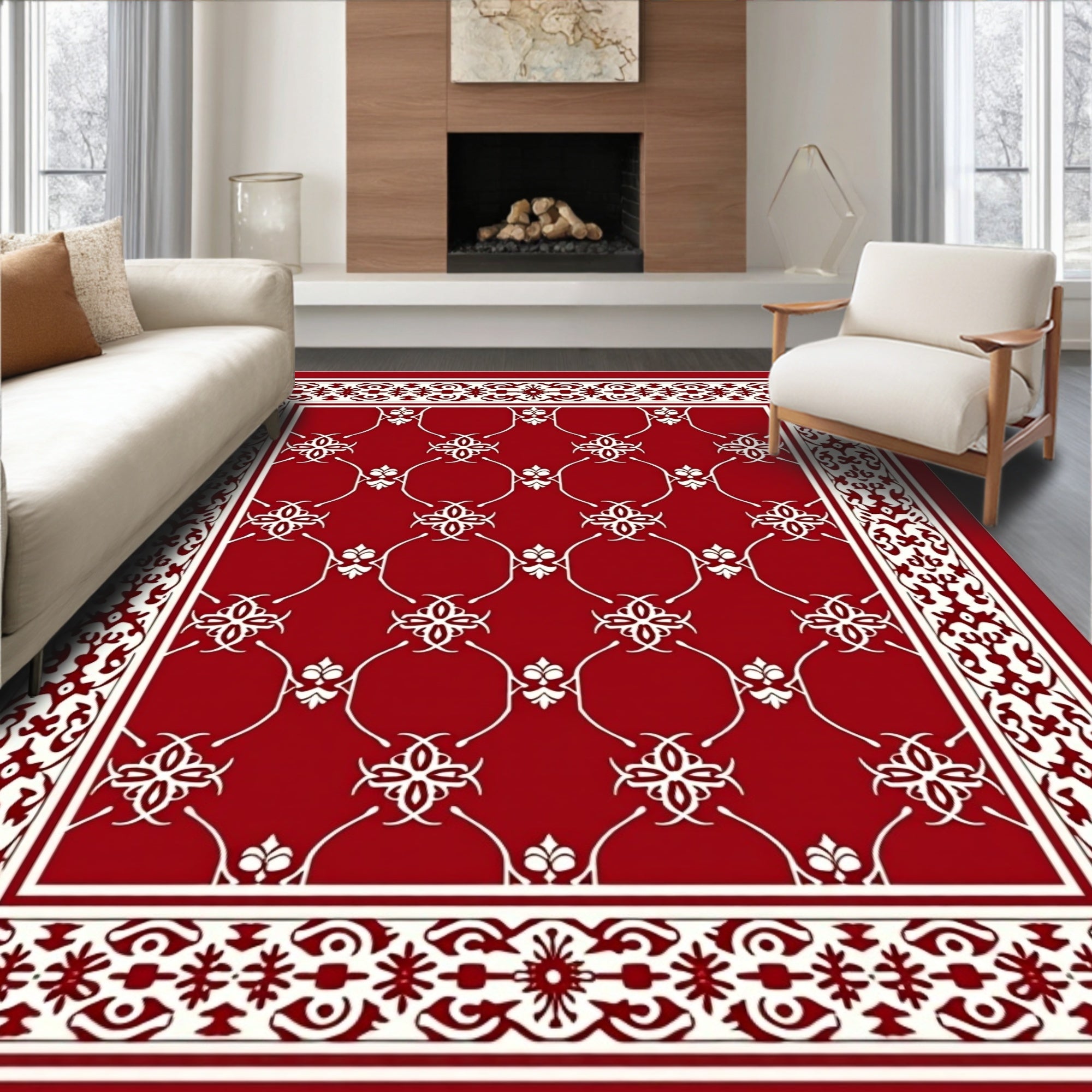 Rich Crimson White Floral Lattice Rug