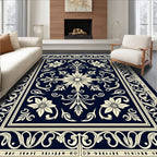 Navy Beige Floral Medallion Scrollwork Rug