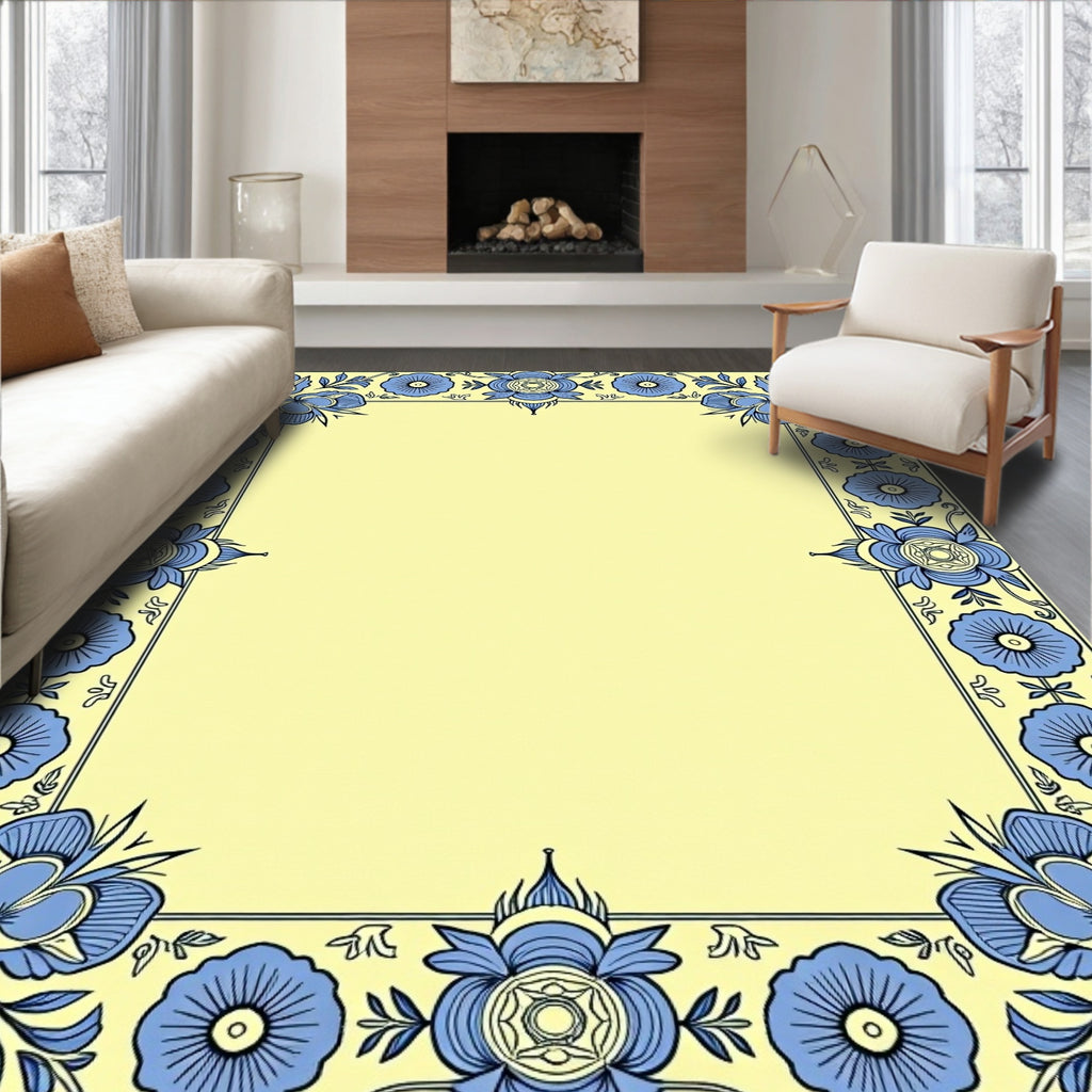 Pale Yellow Blue Floral Meadow Frame Rug