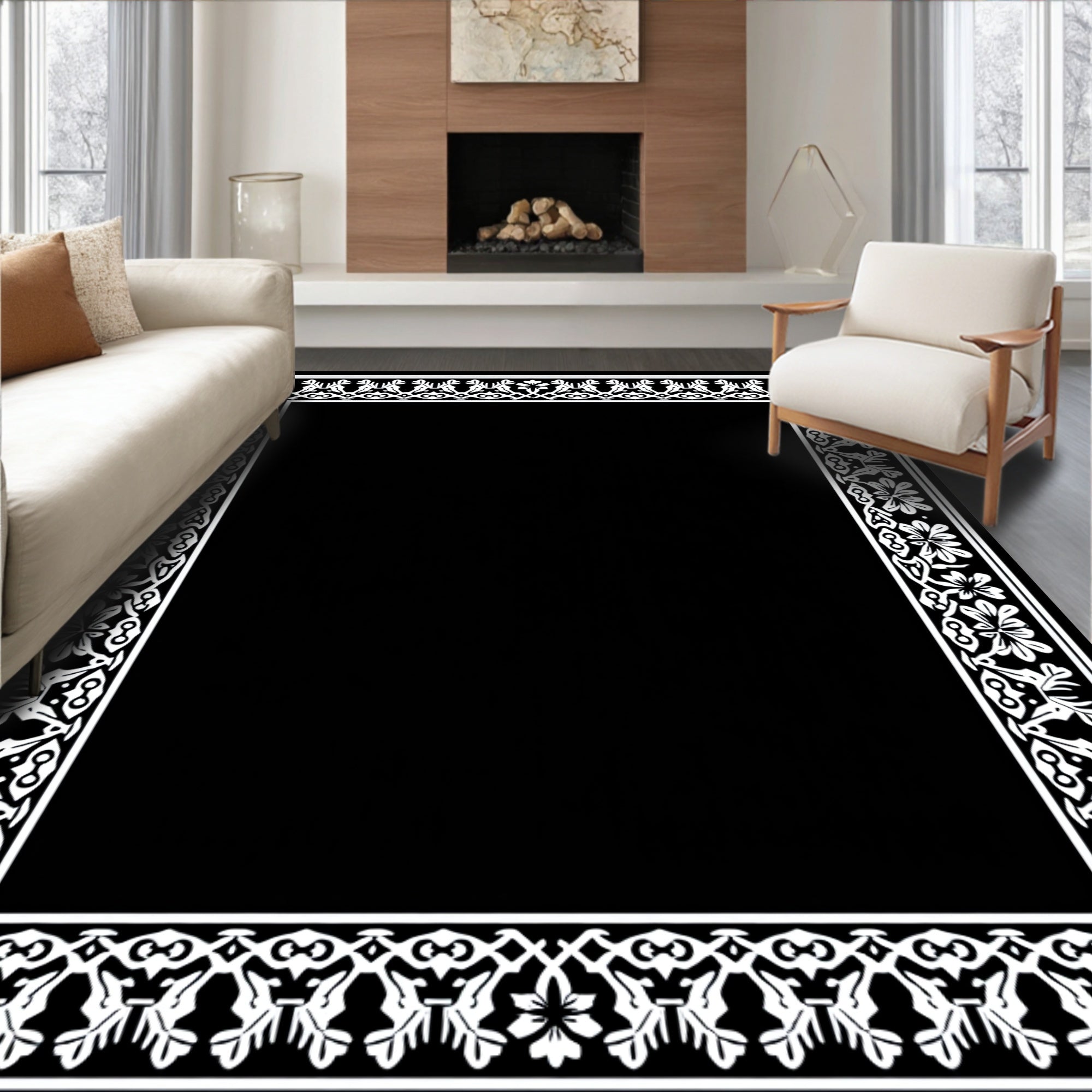 White Floral Arabesque Border Rug