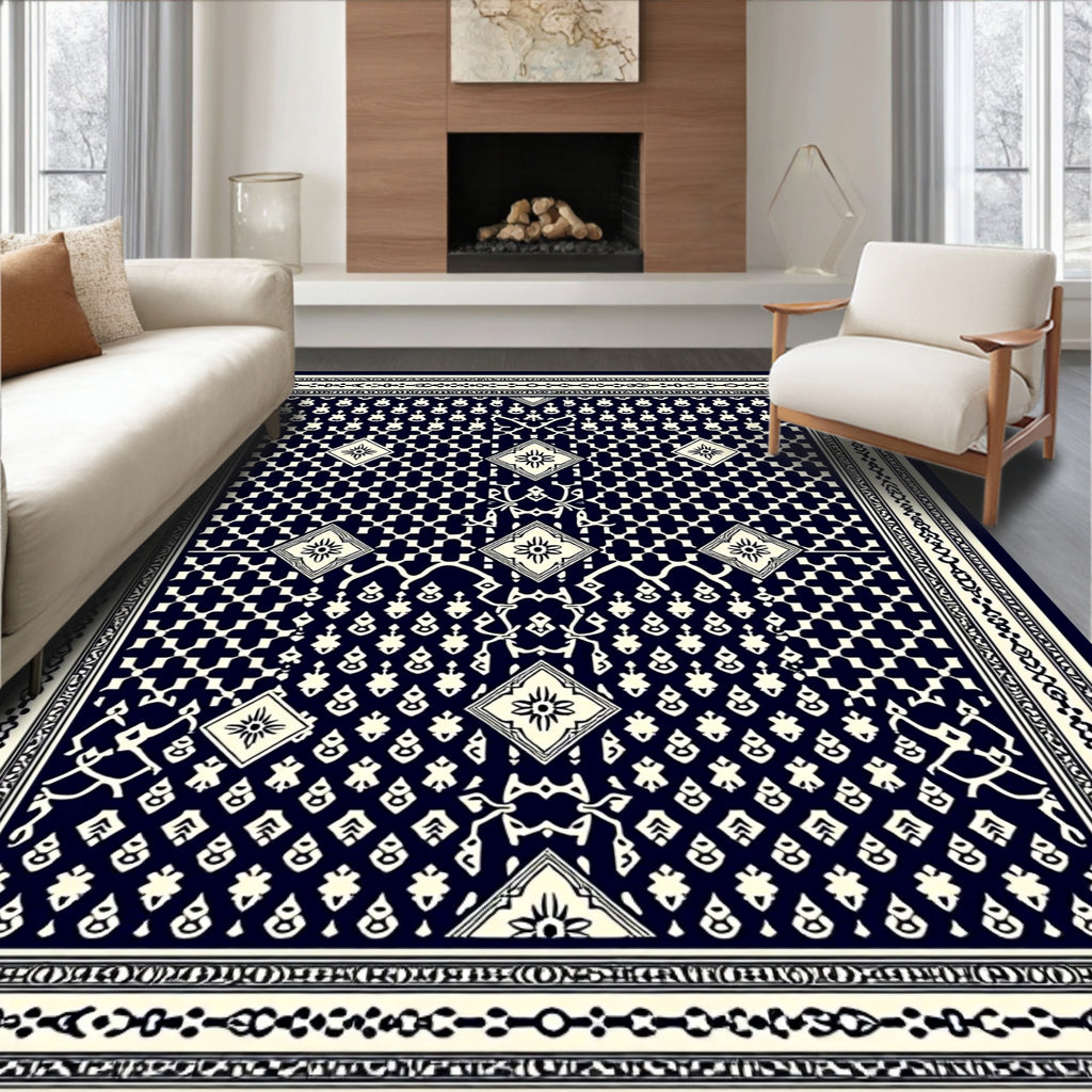 Dark Navy Ivory Geometric Diamond Mandala Rug