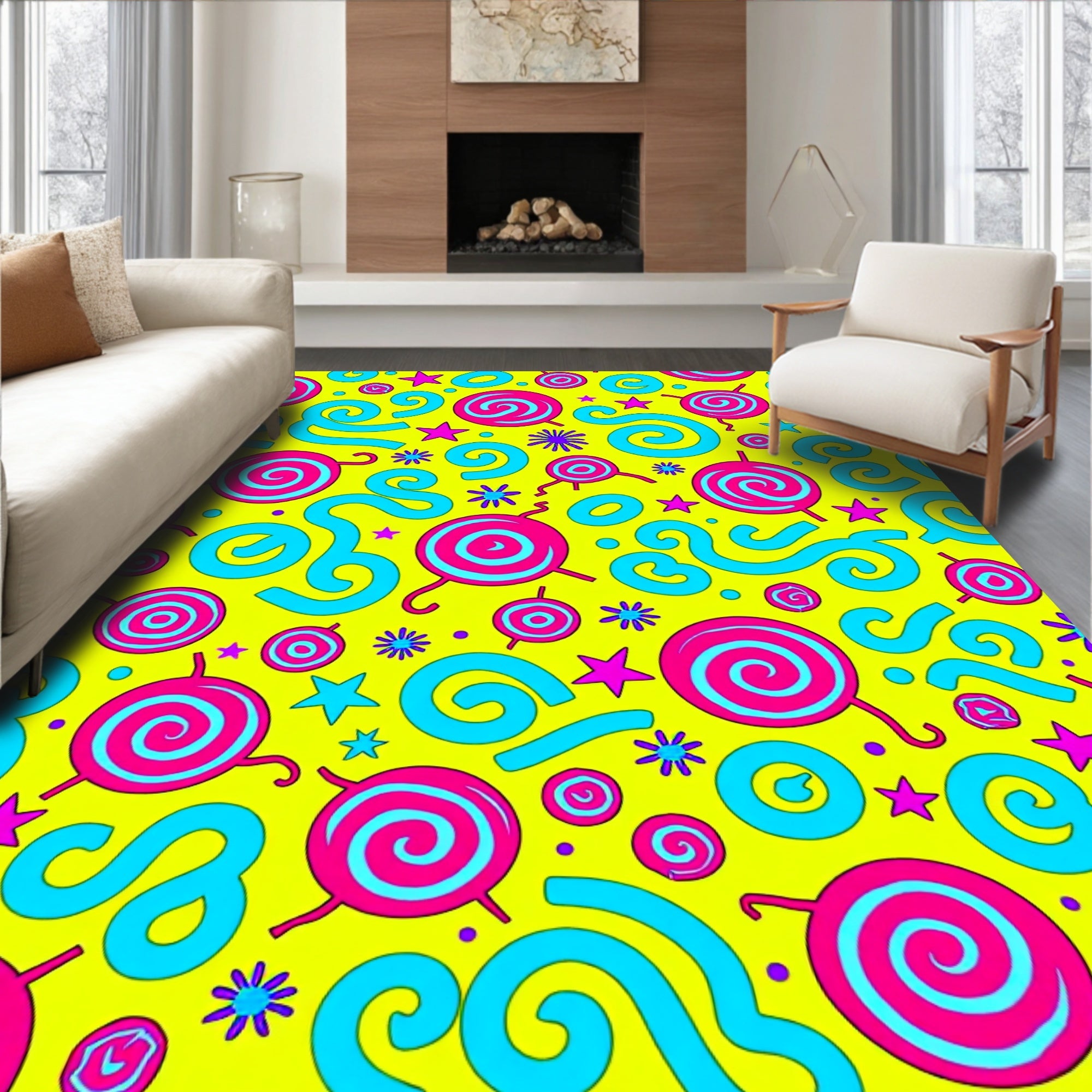 Bright Pink Blue Swirl Lollypop Stars Rug