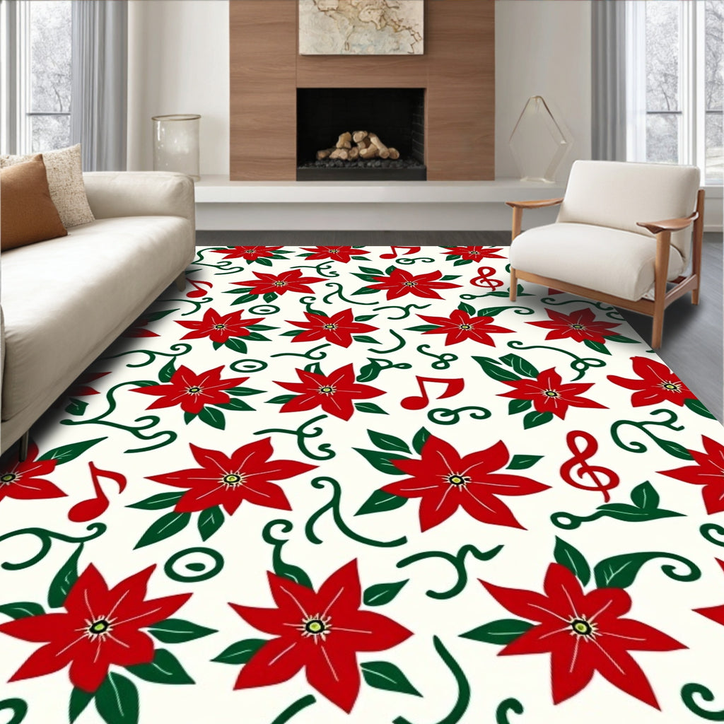 Crimson Poinsettia Musical Notes Garland Rug